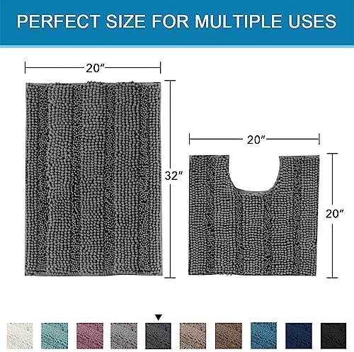 H.VERSAILTEX Bathroom Rugs Bath Rug Set 2 Piece Bathroom Contour Rug Toilet Mat Sets Non Slip Contour Bath Rug Ultra Thick Water Absorbent Striped Bath Mats Washable(20" x 32" Plus 20" x 20" U, Grey) - Image 2