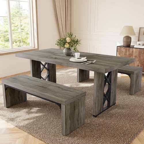 HIPIHOM 3-Piece Dining Table Set for 6 People, Grey Table with 2 Benches by HIPIHOM