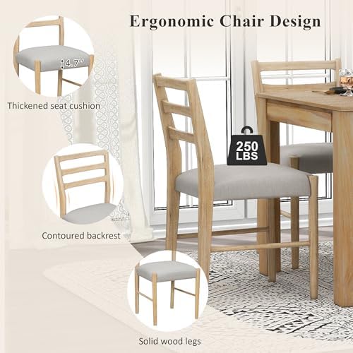 Farmhouse 7-Piece Kitchen Dining Table Set, Solid Wood Rectangle Extendable Table with 12” Leaf and 2 Drawers, 6 Dining Chairs with Soft Cushion, Dining Table Set for 6 Persons (Natural Wash+) - Image 7