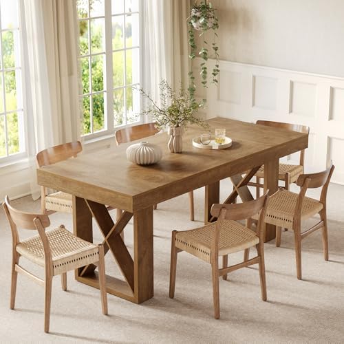 LITTLE TREE 63-Inch Dining Table for 4 People, Farmhouse Thick Appearance Design, Rustic Rectangle Kitchen Dinner Table for Dining Room, Living Room, Yellowish Brown - Image 4