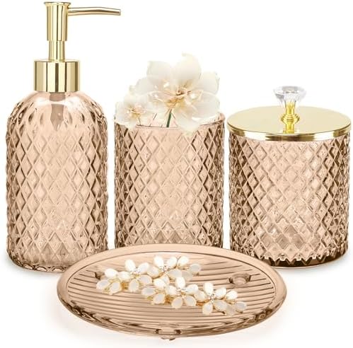 Haturi Glass Bathroom Accessories Set, Amber Brown Bathroom Set, 4 Pcs by Haturi