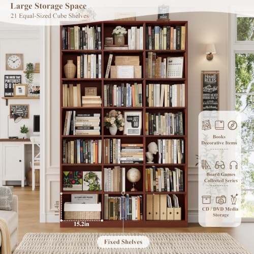 HOSTACK 86"H Triple Wide Bookshelf and Bookcase, Large Book Shelves, Cherry - Image 5