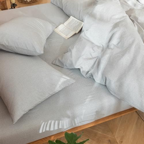 MooMee Striped Duvet Cover Set 100% Washed Cotton Linen Like Queen - Image 5