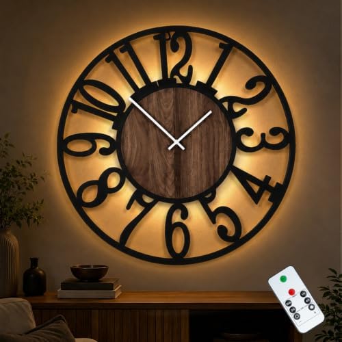 32" Silent Large Wall Clock – Adjustable Night Light, Battery Operated by Casaformia