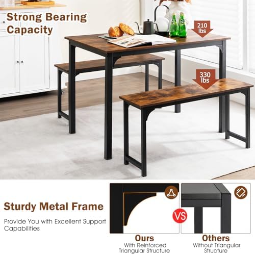 GIANTEX Dining Table Set for 4, Industrial Kitchen Table Set w/ 2 Benches, Space-Saving Dinette Set for Breakfast Nook, Dining Room, Kitchen, Easy Assembly (Mix Brown) - Image 3