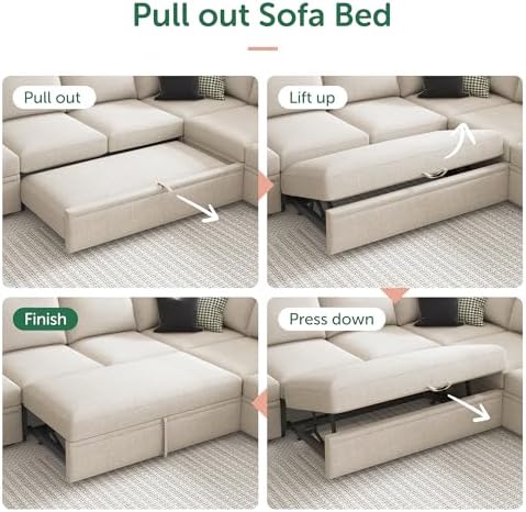 HONBAY Modular Sectional Sleeper Sofa with Pull Out Bed, U Shaped Sectional Couch with Storage Ottoman, Sleeper Sectional Couches for Living Room, Beige - Image 6