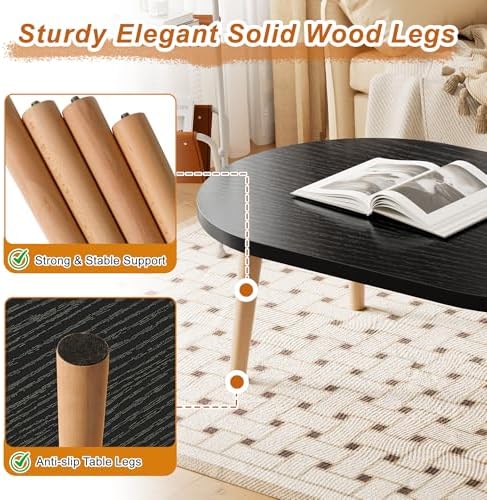 Coffee Table Low Table with Solid Wood Legs, 31.5x19.7 Large Coffee Table Side Table, Floor Table Desk for Sitting on The Floor, Living Room Furniture for Office Apartment Home, Oval Black - Image 4