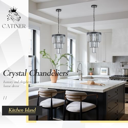 CATINER 12" Smoke Gray Crystal Chandeliers,3 Pack Black Pendant Light - Image 3