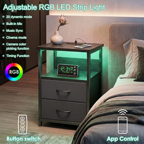 Fixwal Black Nightstands Set of 2, Led Night Stand with Charging Staion - Image 4
