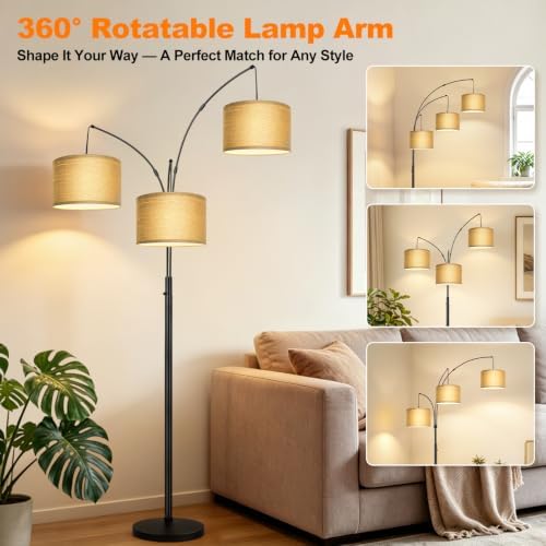 Nintiue Dimmable Floor Lamp - 3 Lights Gold Arc Floor Lamps for Living Room, 1000LM Modern Tall Standing Lamp with Black Shades&Heavy Base,3 LED Bulbs Included-Champagne - Image 5