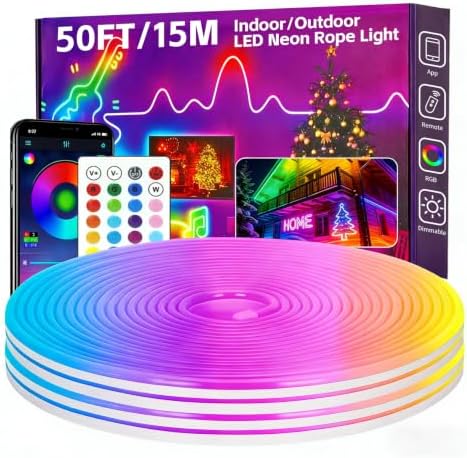 50FT RGB LED Neon Rope Lights, App & Remote Control, Flexible Waterproof IP65 Led Strip Lights, Music Sync Color Changing Multiple Modes Neon Lights for Bedroom Gaming Room Indoor & Outdoor Decor by Unknown