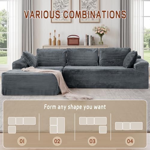 Korser 110" L-Shaped Modular Sectional Sofa with Chaise, Boneless Comfy Corduroy Fluffy Couch with Deep Seat and Side Pockets, Flexible Module Combination for Living Room, No Assembly, Side Pockets - Image 4