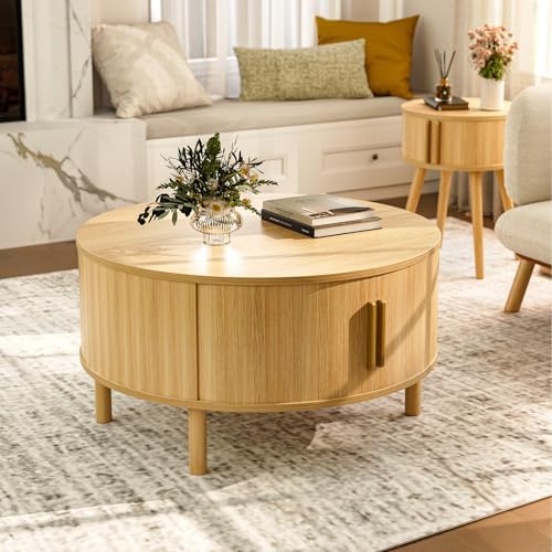 ZttRiee Round Coffee Table with Sliding Doors, Modern, Natural - Image 6