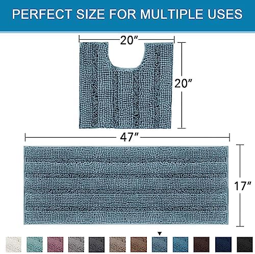 H.VERSAILTEX Bathroom Rugs Bath Rug Set 2 Piece Bathroom Contour Rug Toilet Mat Sets Non Slip Contour Bath Rug Ultra Thick Water Absorbent Striped Bath Mats(47" x 17" Plus 20" x 20" U, Stone Blue) - Image 2
