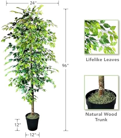 LCG Florals 8ft Artificial Ficus Tree in Black Plastic Pot - Real Wood Trunk, No Maintenance Indoor Faux Plant - Living Room, Home & Office Decor - Image 3