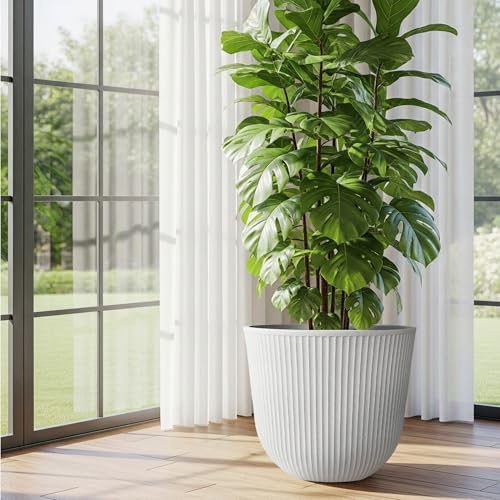 Worth Garden Plastic Round Large Planters, Set of 2 White Plant Pots - Image 5