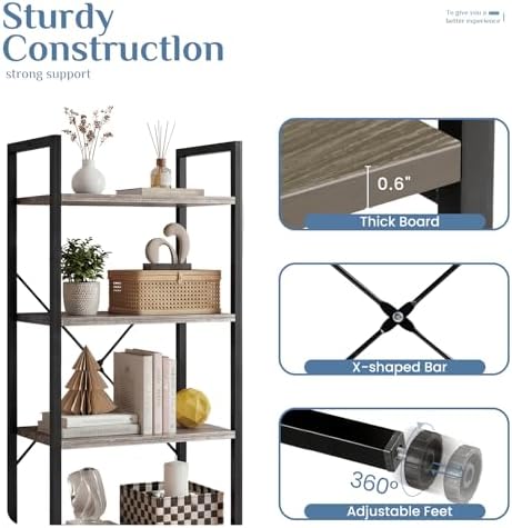DUMOS 4 Tiers Open Bookshelf, Classic Freestanding Tall Display Shelf, Multifunctional Storage Organizer Rack for Living Room Home Office, Sturdy Bookcase for CDs/Books/Movies, Wood Grey - Image 5