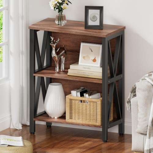 HOMISSUE Book Shelf, 3 Tier Long Bookshelf with Storage, Engineered Wood and Metal Shelf Bookcase, Low Short Bookcases for Small Space, Living Room, Bedroom, Office, Rustic Brown - Image 3