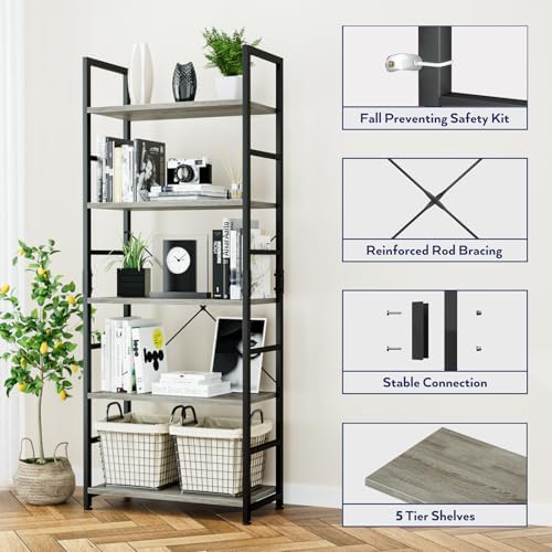 NUMENN 5 Tier Bookshelf, Tall Freestanding Open Storage Bookcase, Grey - Image 5