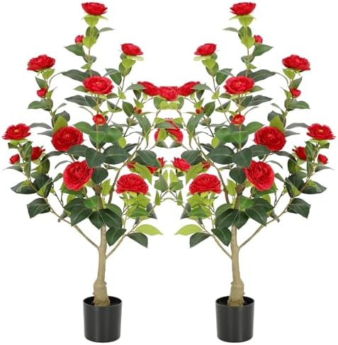 Nafresh 3FT Lush Artificial Red Camellia Tree Outdoor 2 Pack, 36inch Faux Camellia Plant, Fake Camellia Flowers Tree for Indoor Outdoor Living Room Home Patio Front Door Garden Decor by Nafresh