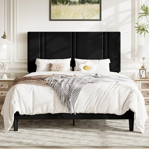 Allewie Full Size Platform Bed Frame with Velvet Upholstered Headboard by Allewie