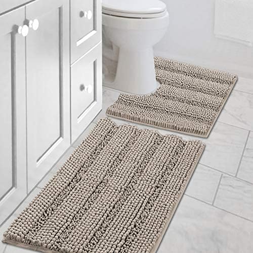 H.VERSAILTEX Bathroom Rugs Bath Rug Set 2 Piece Bathroom Contour Rug Toilet Mat Sets Non Slip Contour Bath Rug Ultra Thick Water Absorbent Striped Bath Mats Washable(20" x 32" Plus 20" x 20" U, Taupe) by HVERSAILTEX
