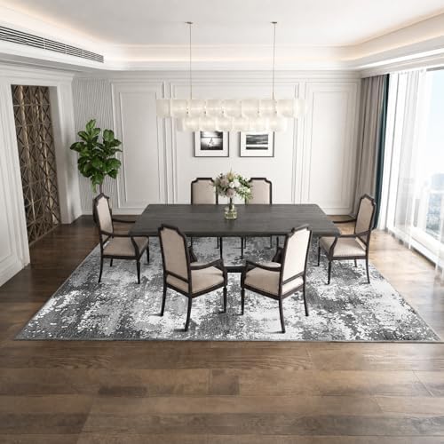 Washable Rug 9x12 Area Rugs for Living Room Bedroom Carpet, Grey Indoor Vintage Abstract Boho Large Rug Non Slip Faux Wool Rugs for Dorm, Dining Room Table, Nursery, Kids Playroom, Gray - Image 2