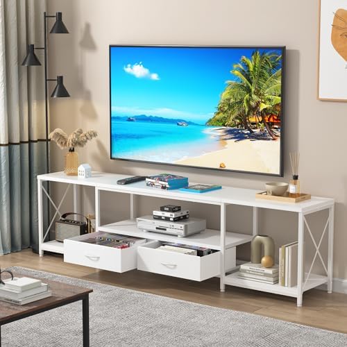 GYIIYUO TV Stand with Fabric Drawer for 65 70 75 Inches TV - Entertainment Center and Industrial TV Console Table with Open Storage Shelves for Living Room, Bedroom - 63" White - Image 6