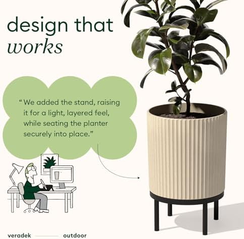 Veradek Demi Series Round Planter w/ Stand for Porch/Patio | Durable Plastic-Concrete & Wooden Stand | Modern Décor for Tall Plants, Flowers - Image 5