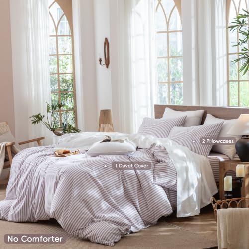 MooMee Striped Duvet Cover Set 100% Washed Cotton Linen Like Queen - Image 2