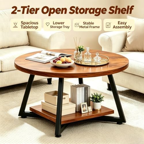 Coffee Tables for Living Room, 27.6" Round Coffee Table, Brown Coffee Table - Image 5