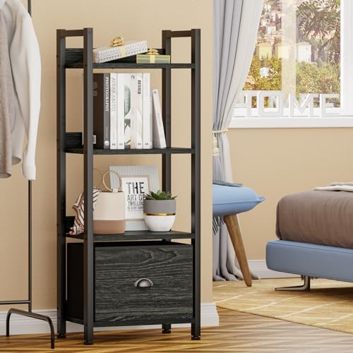 Furologee 4 Tier Bookshelf with Drawer, Small Narrow Bookcase, Wood and Metal Standing Shelf Unit, Industrial Display Storage Shelves Organizer for Bedroom, Living Room, Entryway, Black - Image 6