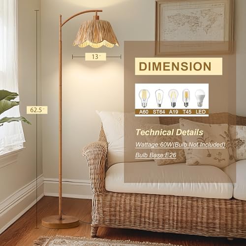 Oneach Rattan Floor Lamp for Bedroom, Boho Floor Lamp with Foot Switch, Farmhouse Standing Lamps for Living Room with Hand-Woven Shade, Walnut Metal Base & Pole - Image 3