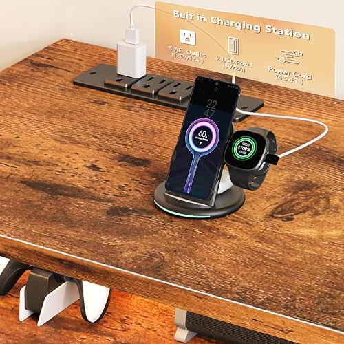 Furologee 63 Inch TV Stand with Power Outlets & LED Lights, Rustic Brown - Image 4