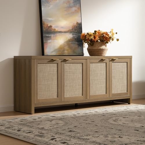 SICOTAS TV Stand for Living Room Boho Entertainment Center for Bedroom with 4 Rattan Cabinets Farmhouse Television Stands with Storage Large Media Console Table for TVs up to 65 Inch - Image 5
