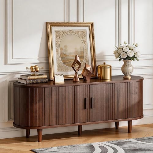 MXV 58" TV Stand with Sliding Doors for Living Room, Mid Century Modern Entertainment Center, TV Console with Fluted Door Cabinets and Power Outlet, Walnut - Image 6