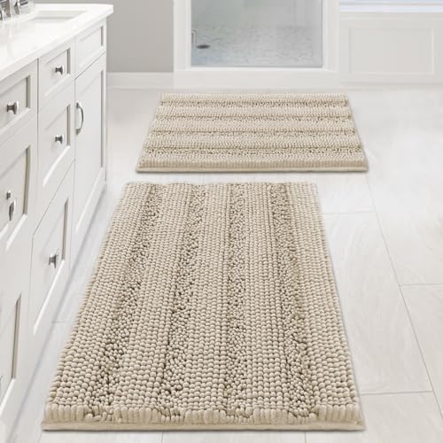 H.VERSAILTEX Bathroom Rug Sets 2 Piece Bath Mats Non Slip Thick Soft Chenille Striped Bath Rug achine Washable Shower Floor Rugs for Tub, Shower and Floor (Fog, 20" x 32"/17" x 24") by HVERSAILTEX