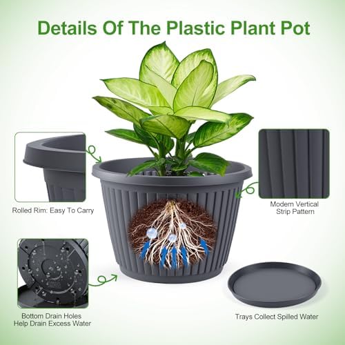 14-inch-Large-Planters-for-Outdoor-Plant，Plastic Indoor Flower Pots with Drainage Holes & Saucer，4 Packs Decorative Garden Pots for Plantfor Home Porch Decor - Image 4