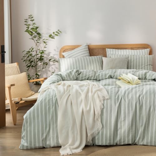 BESTOUCH Striped Cotton Duvet Cover Set Linen Feel Super Queen by BESTOUCH