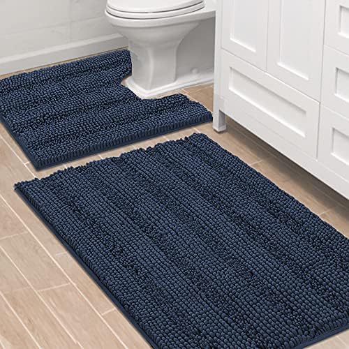 H.VERSAILTEX Bathroom Rugs Bath Rug Set 2 Piece Bathroom Contour Rug Toilet Mat Sets Non Slip Contour Bath Rug Ultra Thick Water Absorbent Striped Bath Mats Washable(36" x 24" Plus 20" x 24" U, Navy) by HVERSAILTEX
