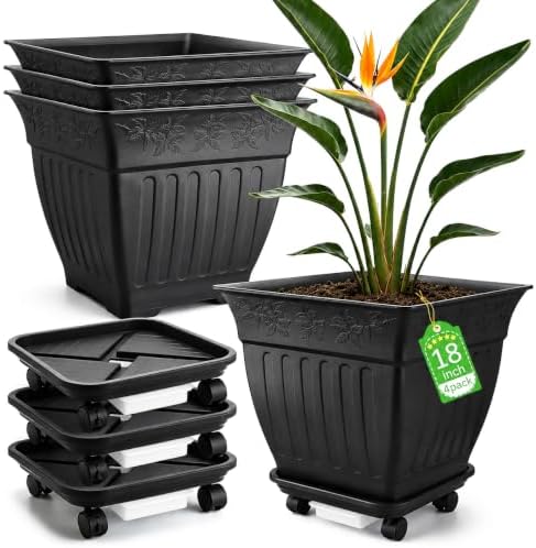 4-Pack 18 Inch Large Outdoor Planters with Saucers & Lockable Wheels, Black by BTPLASTIK