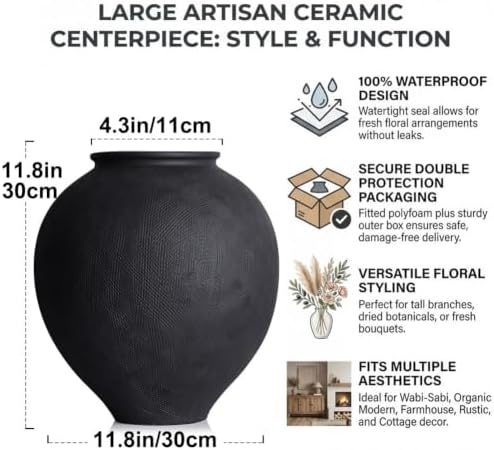 Large Blak Ceramic Vase - 11.8 Inch Large Black Round Vase, Rustic Farmhouse Vase for Home Decor, Dining Table, Shelf, Bedroom, Living Room, Kitchen, Office, Bathroom, Mantle, Centerpiece Décor - Image 2