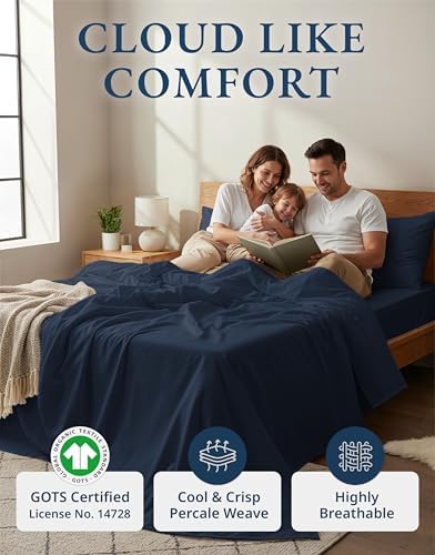 LANE LINEN Eco Friendly 100% Organic Cotton Bed Sheets Queen Size, Soft & Comfy Percale Weave, Fully Elasticized Mercerized Naturally Cooling Cotton Sheets Queen Size Set- Navy - Image 2
