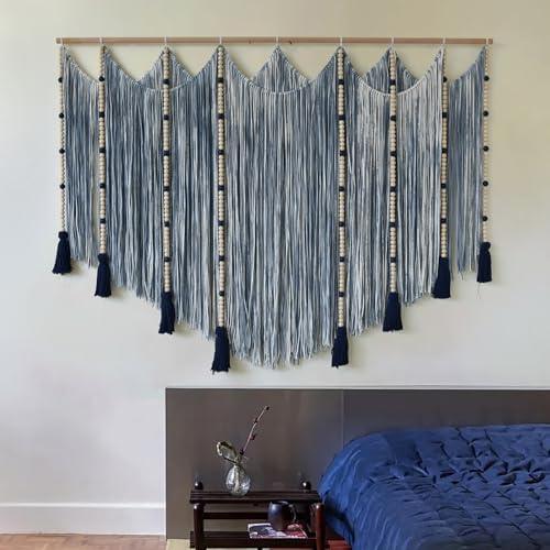Jakalin Macrame Wall Hanging Blue Dip Dye Bead Boho Home Decor 57"x43" - Image 4