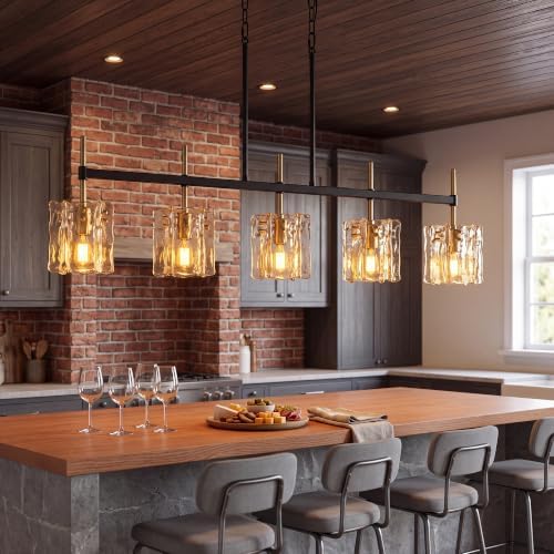 5-Light Rectangular Chandelier, 35in Black and Gold with Water Ripple Glass - Image 5