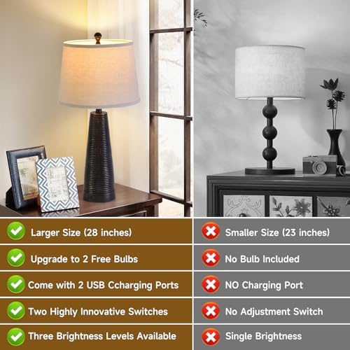 Terpsichore Nightstand Lamp Bedside Lamps Set of 2 Desk Lamp Vintage Rustic Farmhouse Table Lamp 3 Way Dimmable Light,Bulb*2,USB A+C Port (Black with Gold, High 27 Inch) - Image 3