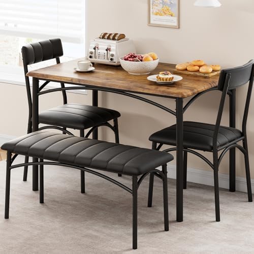 IDEALHOUSE Dining Table Set for 4, Kitchen Table with Chairs for 4, Rectangular Wood Dining Room Table Set with Upholstered Bench for Small Space, Dinner, Apartment, Retro Brown by IDEALHOUSE