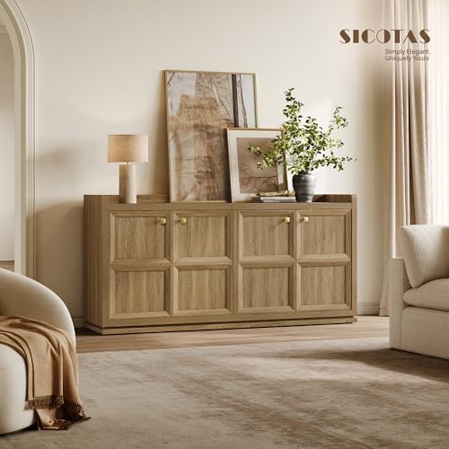 SICOTAS 61.7" Buffet Cabinet 4-Door Sideboard Kitchen Living Room Brown Oak - Image 3