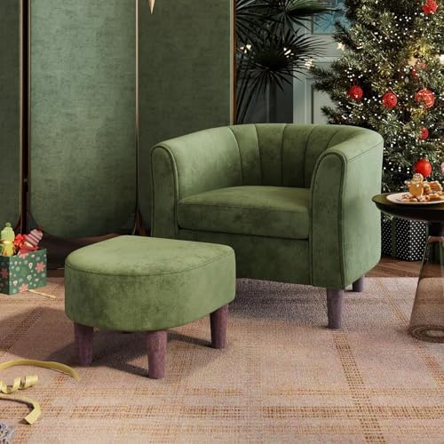 LINSY Accent Chair with Ottoman, Modern Armchair Comfy Barrel Reading Chair with Footrest for Living Room Bedroom Reading Room, Velvet, Olive Green by Linsy