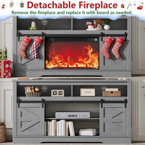 JUMMICO Fireplace TV Stand for 65 Inch TV with 26'' Fireplace (Pale Gray) - Image 7
